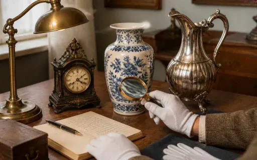 Antique appraisal tools and vintage objects on a wooden table