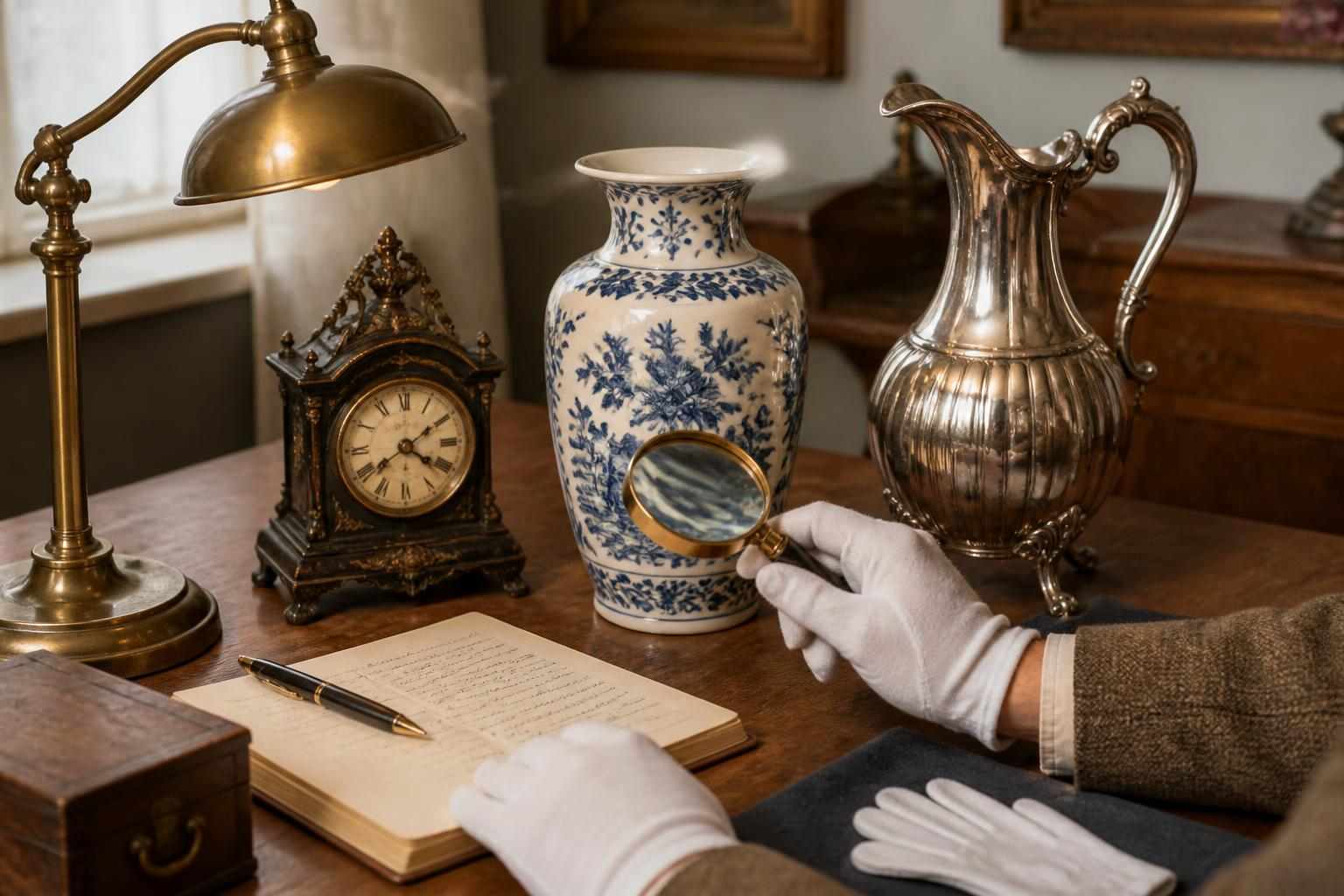 Antique appraisal tools and vintage objects on a wooden table