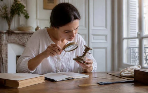 Personne examinant un objet ancien avec loupe et carnet sur une table