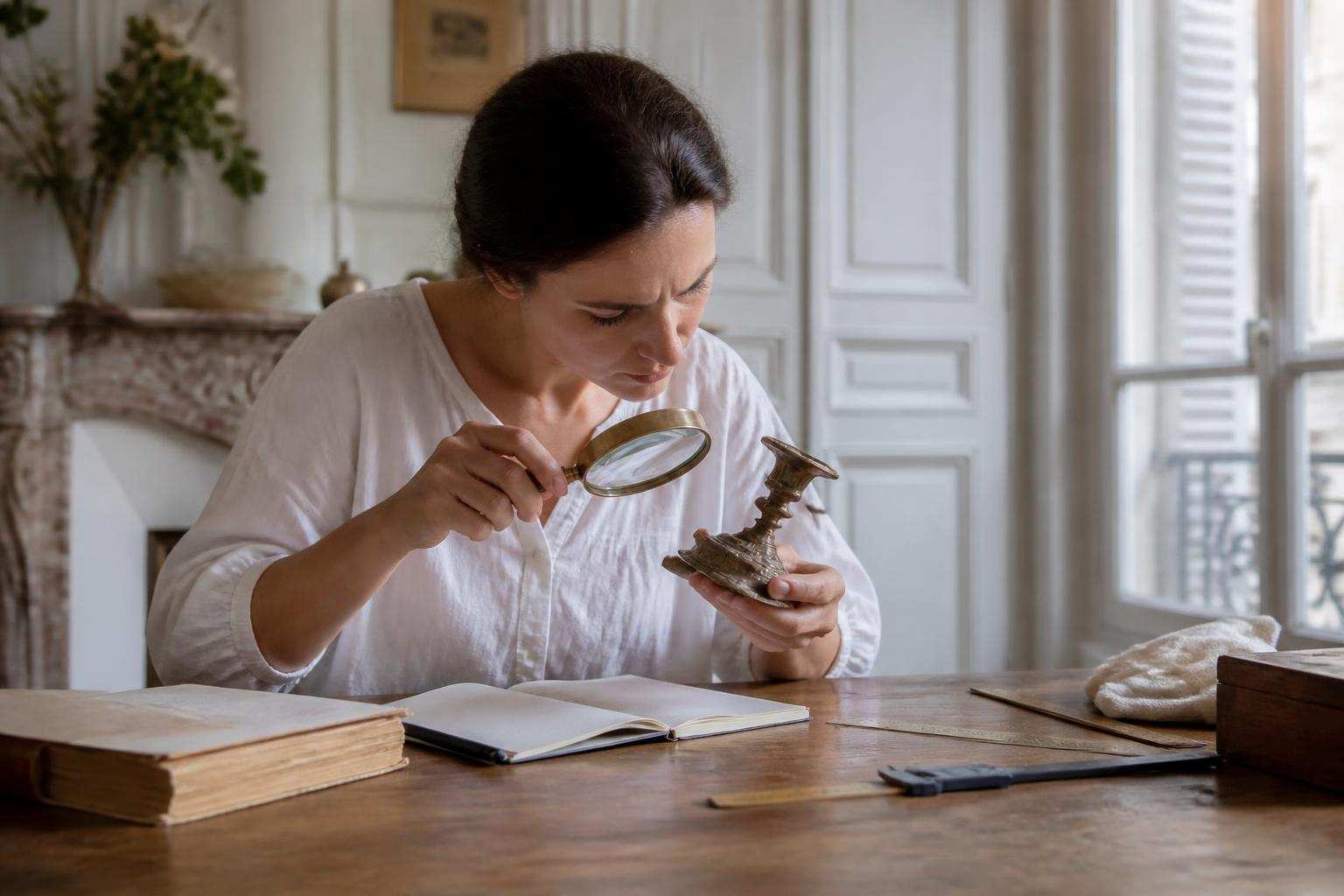 Personne examinant un objet ancien avec loupe et carnet sur une table