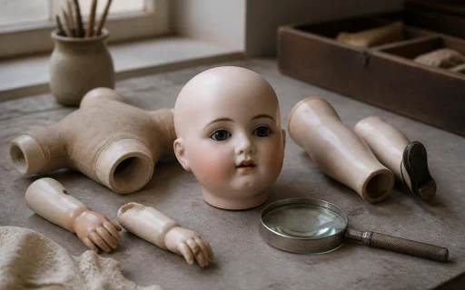 Antique porcelain doll parts with a magnifying glass on a neutral table.