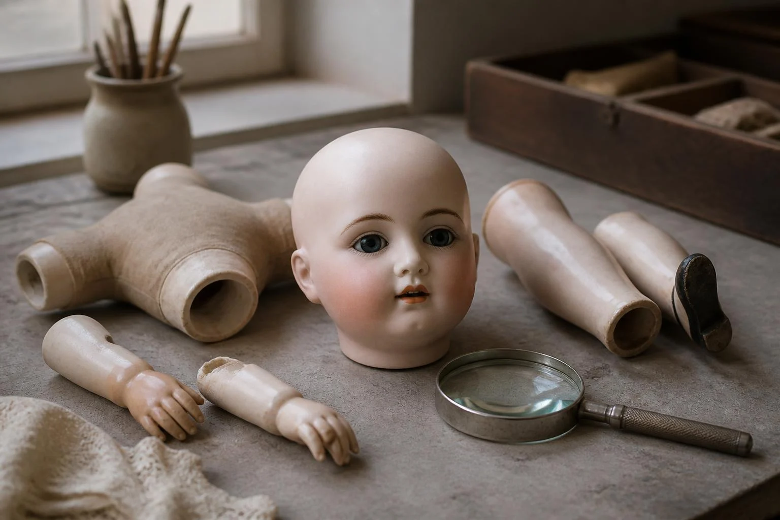 Antique porcelain doll parts with a magnifying glass on a neutral table.