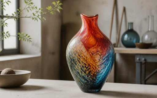 Colorful hand-blown glass vase displayed on a neutral table in soft light.