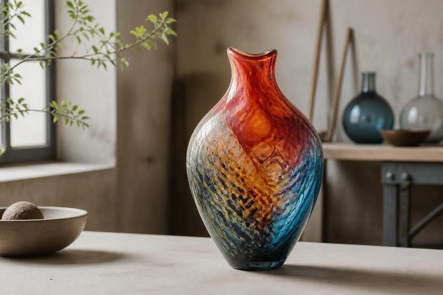 Colorful hand-blown glass vase displayed on a neutral table in soft light.