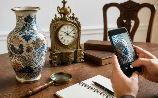 Mesa con antigüedades, lupa y móvil para fotografiar detalles del objeto