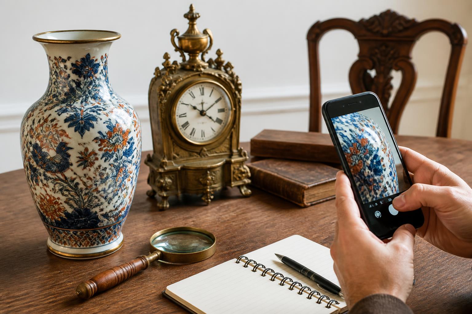 tasacion antiguedades: Mesa con antigüedades, lupa y móvil para fotografiar detalles del objeto