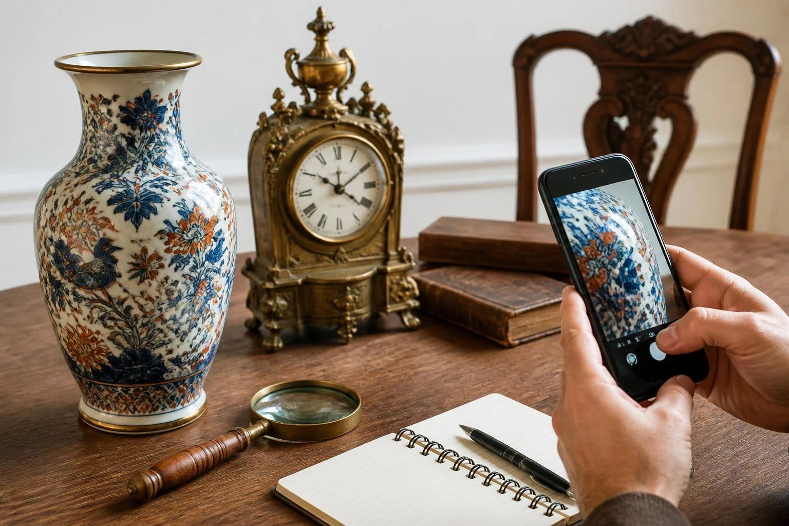 Mesa con antigüedades, lupa y móvil para fotografiar detalles del objeto