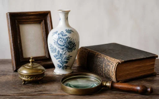 Objets anciens posés sur une table avec une loupe pour vérifier leur état