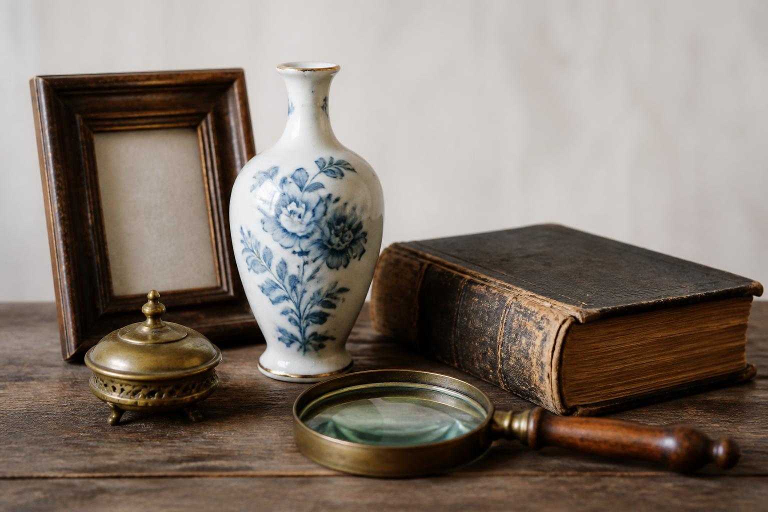 Objets anciens posés sur une table avec une loupe pour vérifier leur état