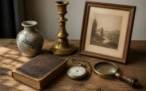 Antiquari e oggetti d’epoca su un tavolo con lente e luce naturale