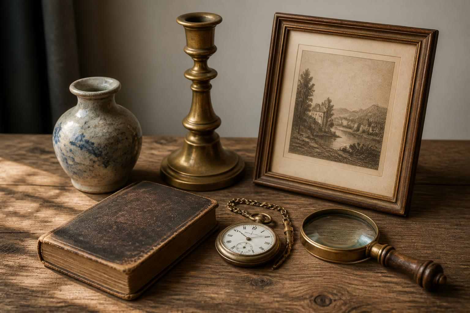 Antiquari e oggetti d’epoca su un tavolo con lente e luce naturale
