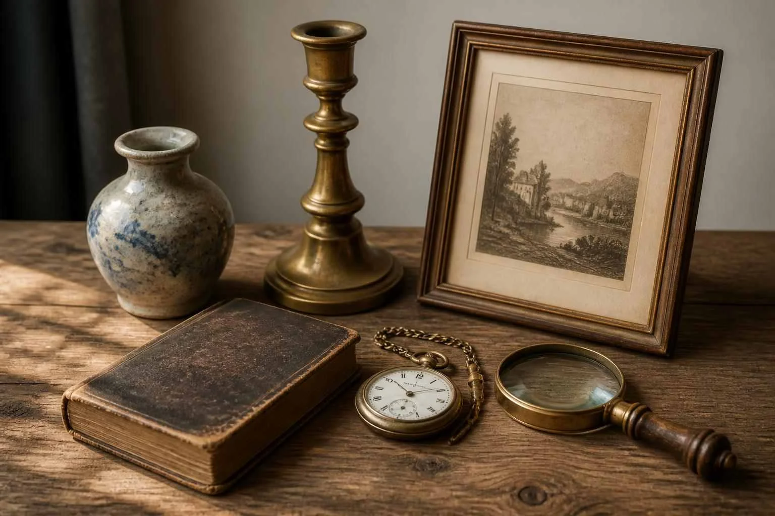 Antiquari e oggetti d’epoca su un tavolo con lente e luce naturale