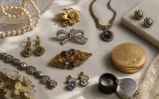 Vintage costume jewelry arranged on a table beside a jeweler's loupe