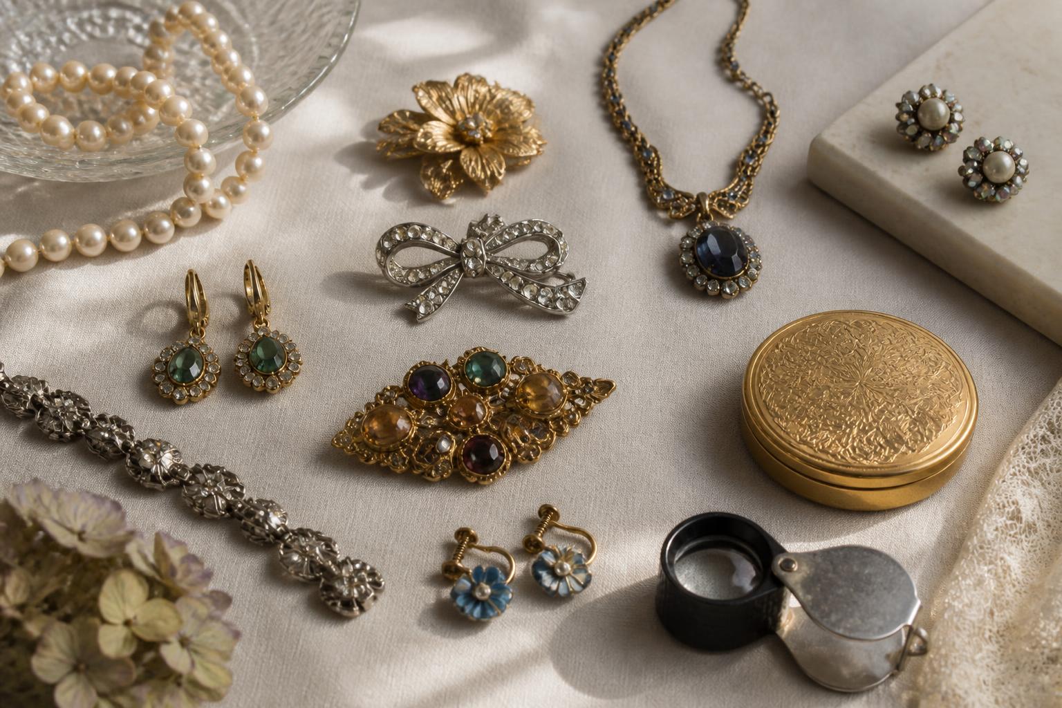 vintage costume jewelry appraisal: Vintage costume jewelry arranged on a table beside a jeweler's loupe