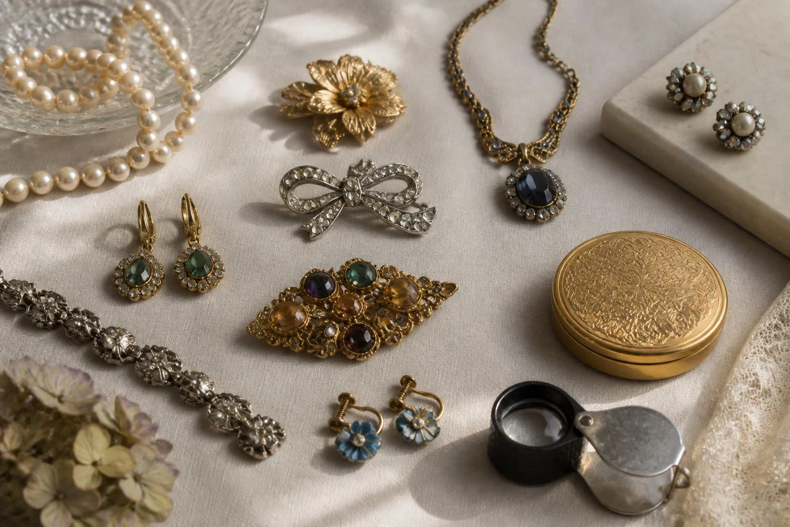 Vintage costume jewelry arranged on a table beside a jeweler's loupe