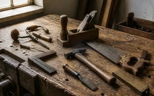 Assorted antique hand tools laid out on a weathered workbench