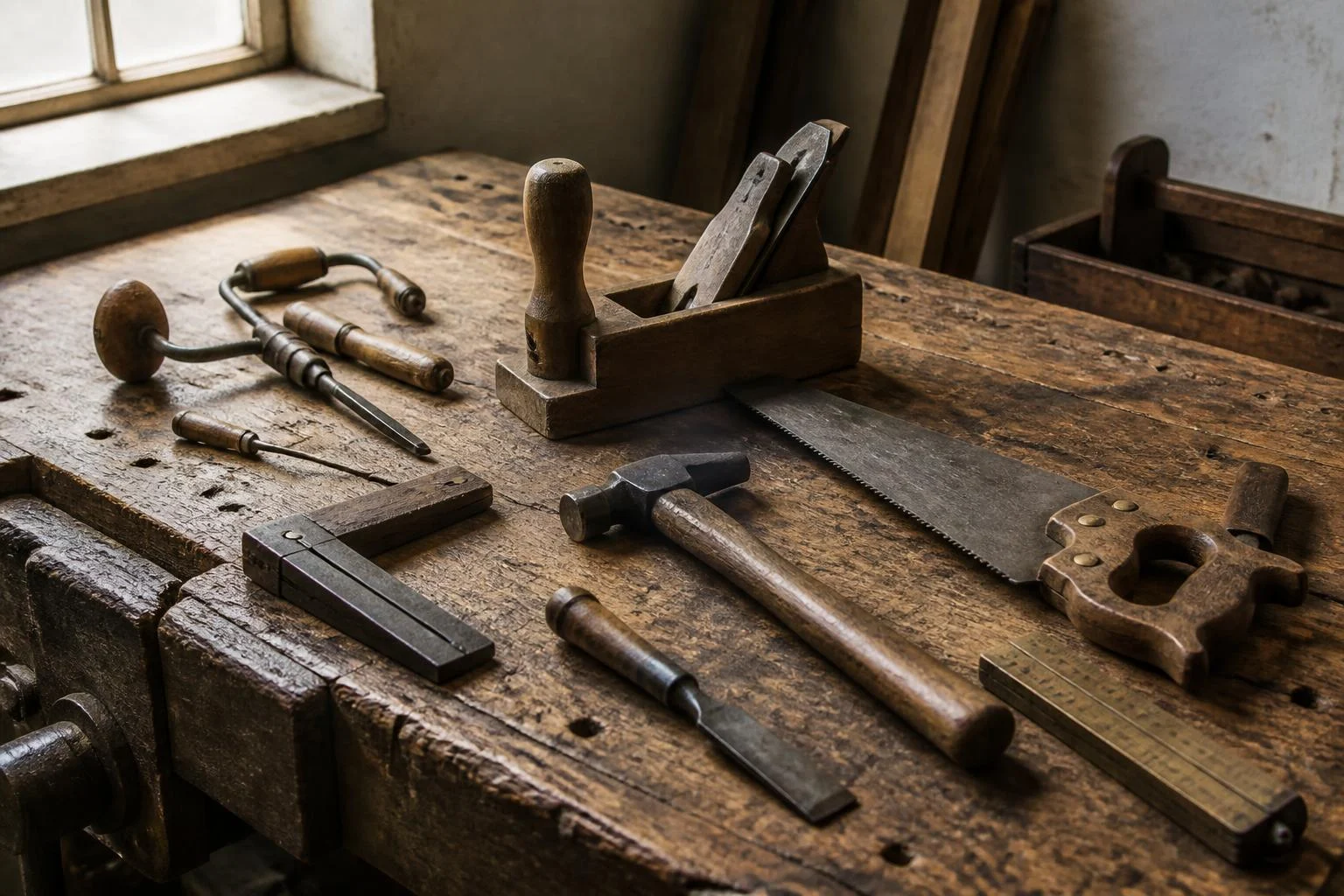 Assorted antique hand tools laid out on a weathered workbench