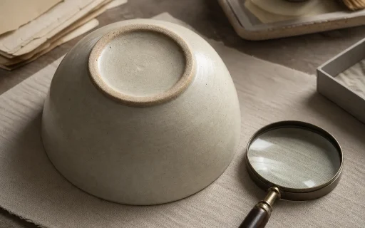 Stoneware bowl shown upside down for close inspection of its base mark area.