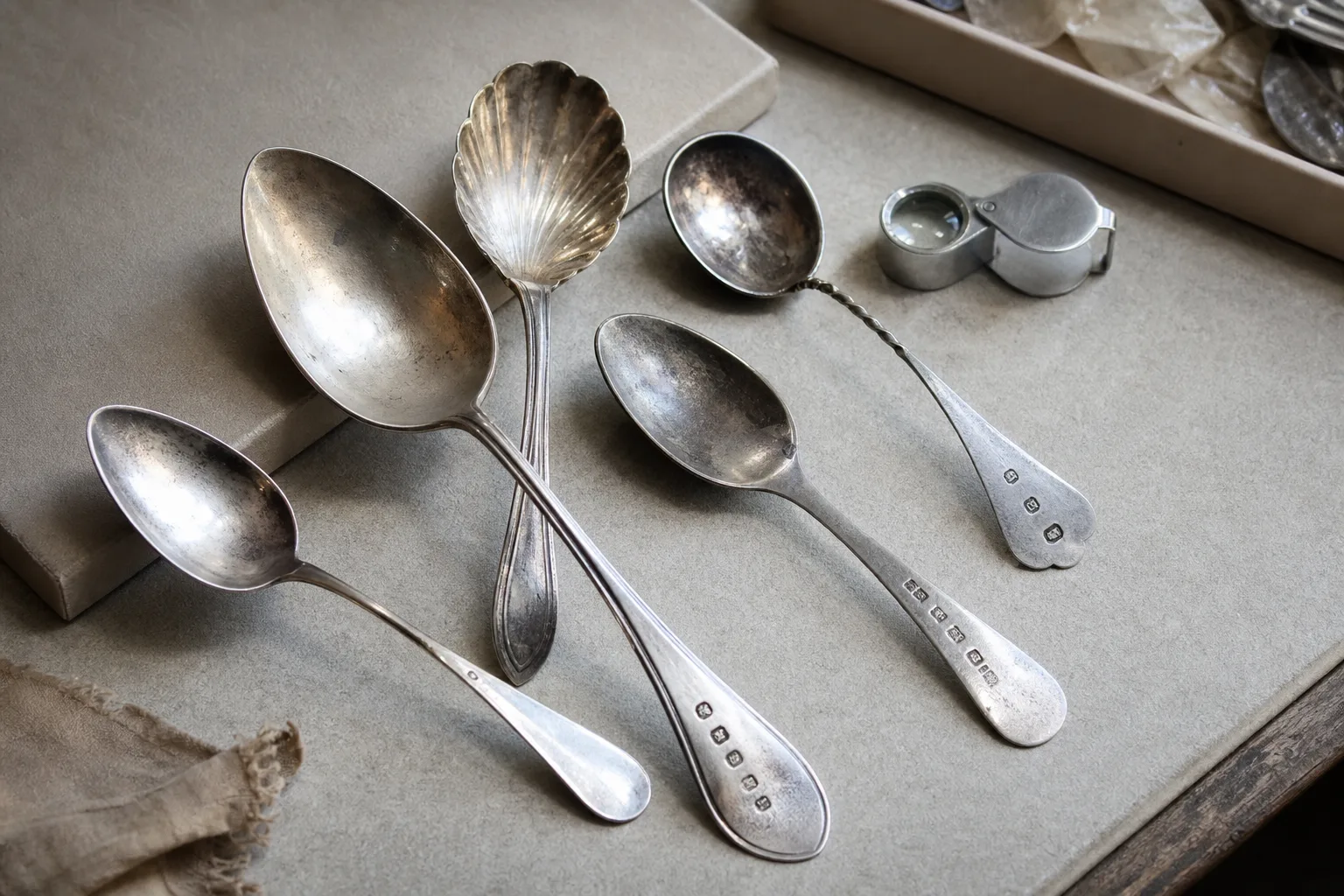 Old spoons on a work surface with a magnifying loupe for mark inspection.