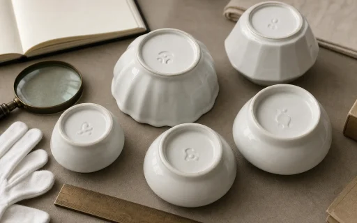 Editorial illustration of porcelain bases under examination; not a reference image of an authenticated mark.