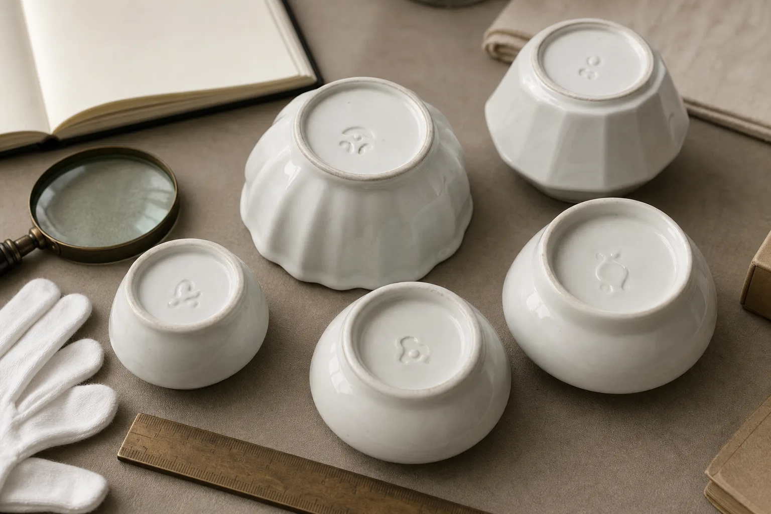 Editorial illustration of porcelain bases under examination; not a reference image of an authenticated mark.