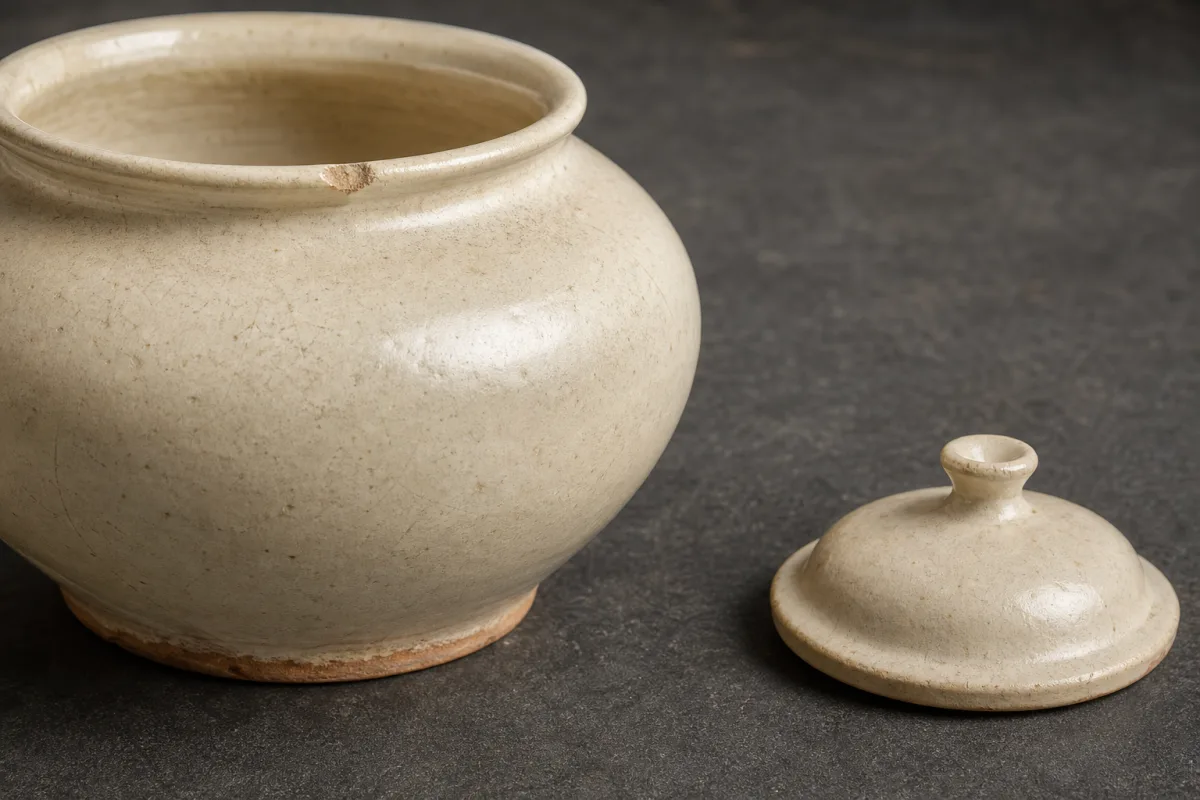 Zustand einer Keramik prüfen Nahansicht einer cremefarbenen Keramikvase mit kleiner Abplatzung am Rand neben einem separaten Keramikfragment.