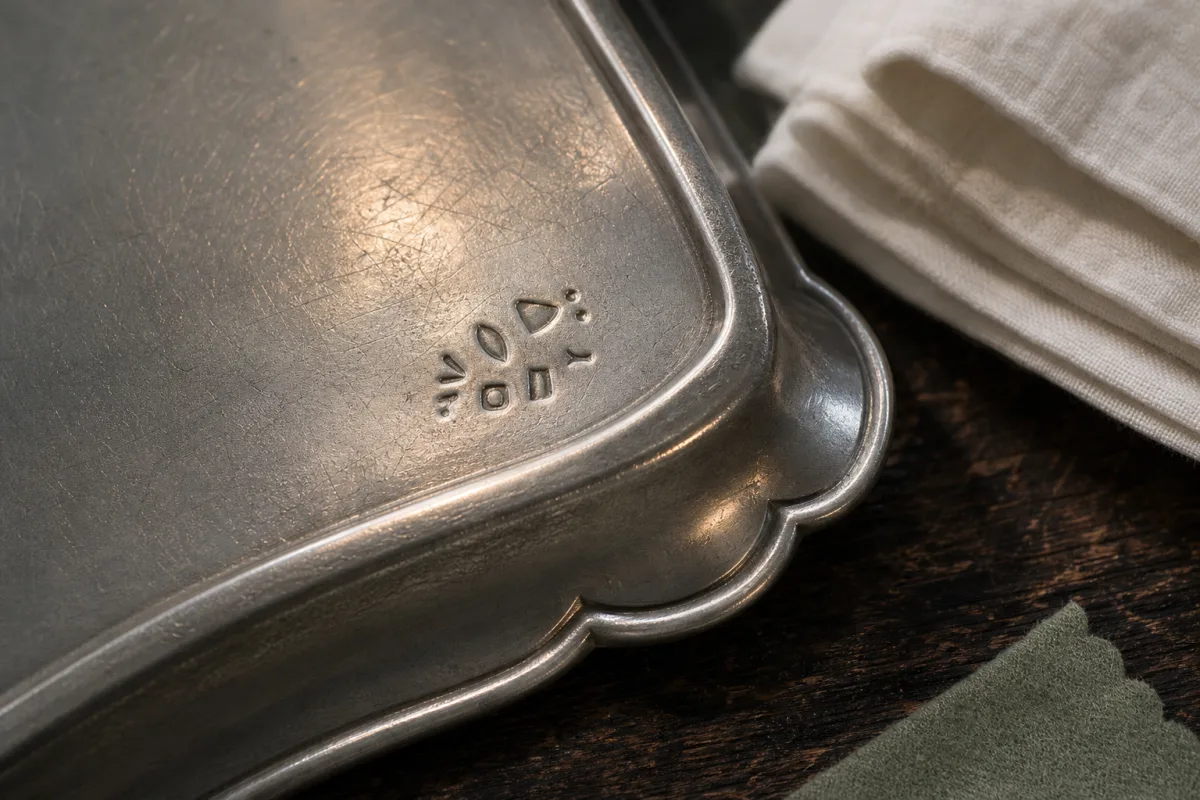 Checking marks on an antique Close illustration of abstract impressed symbols on the underside edge of a silver-toned serving tray.