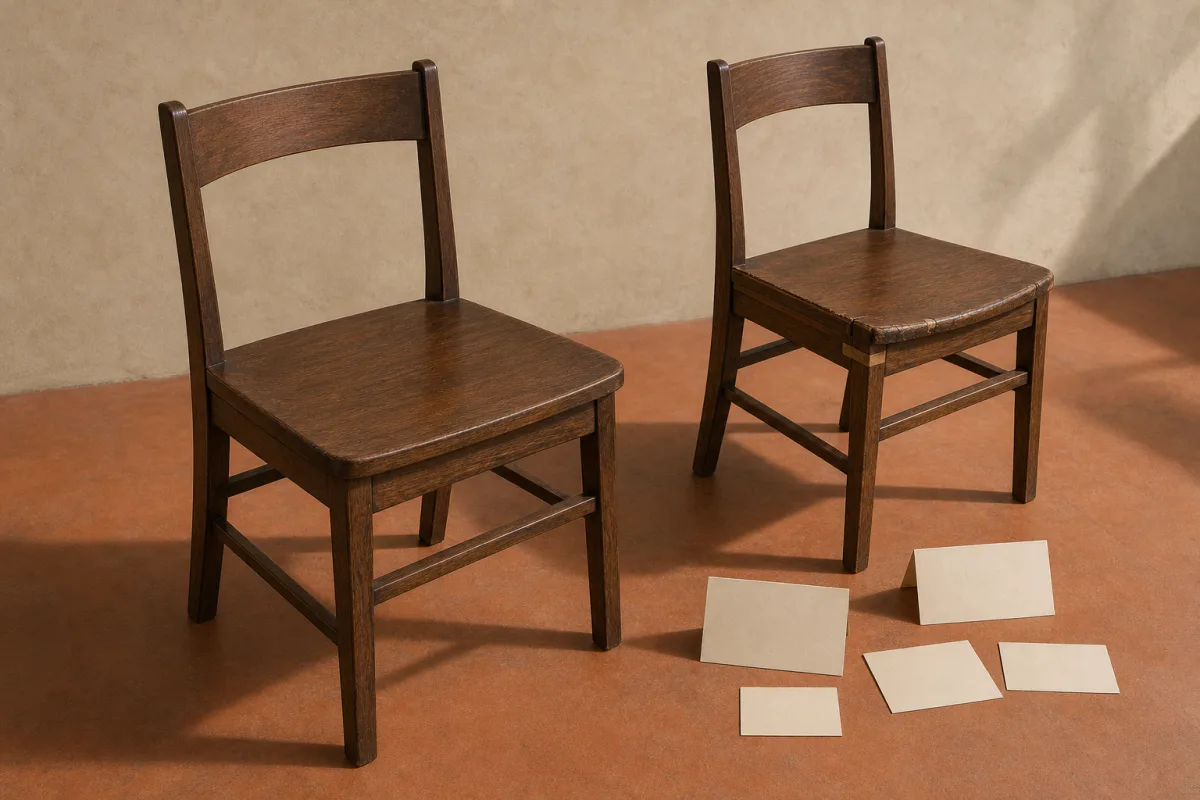 Comparing condition and demand Illustration of two similar wooden side chairs with different visible wear, arranged beside blank archival cards.
