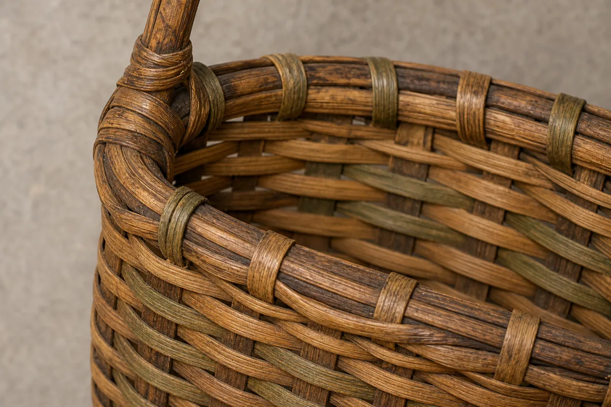 Close editorial illustration of a basket’s bound rim, woven reed strands, and handle join.