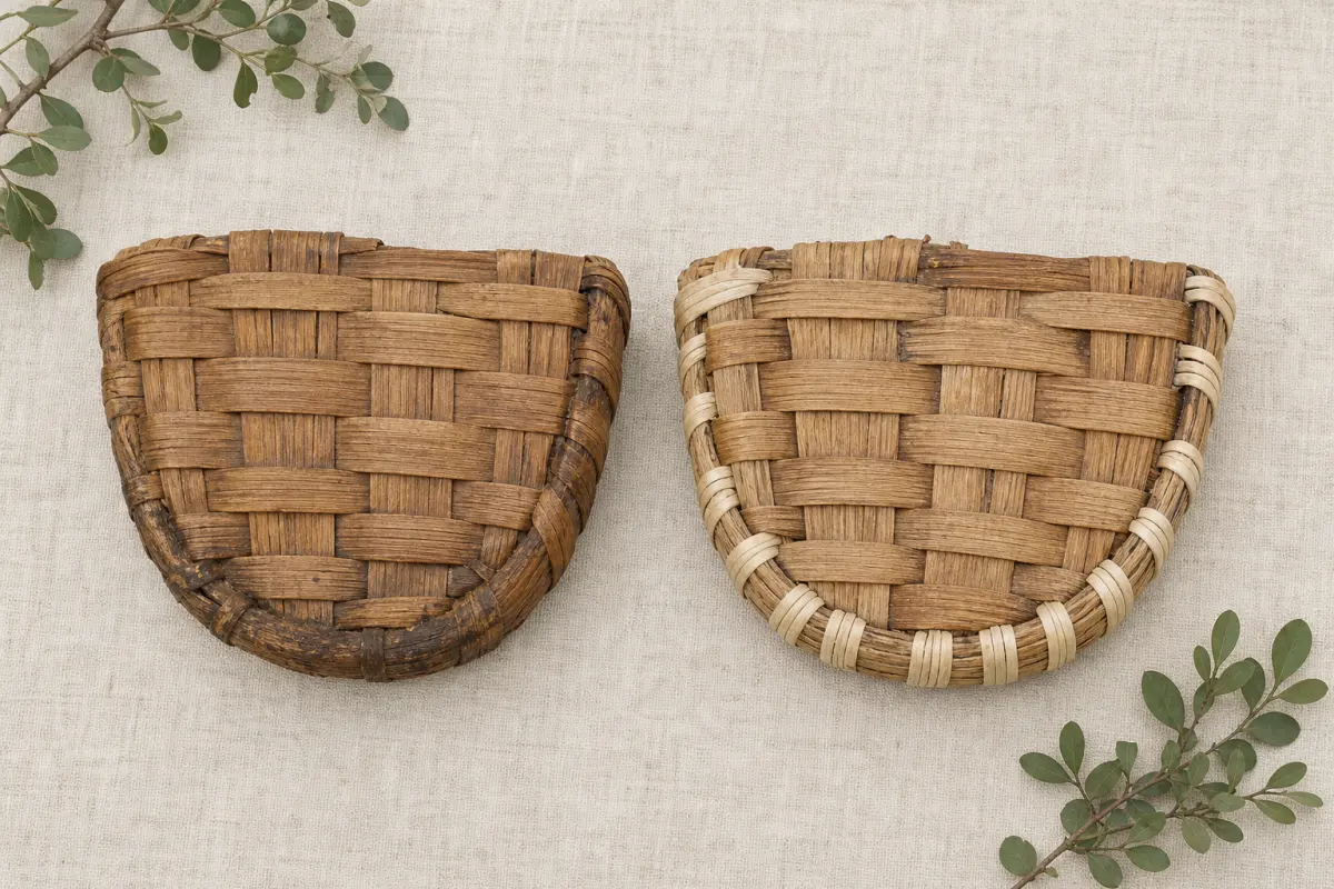 Overhead editorial illustration comparing a worn woven basket edge with a separately repaired woven edge.
