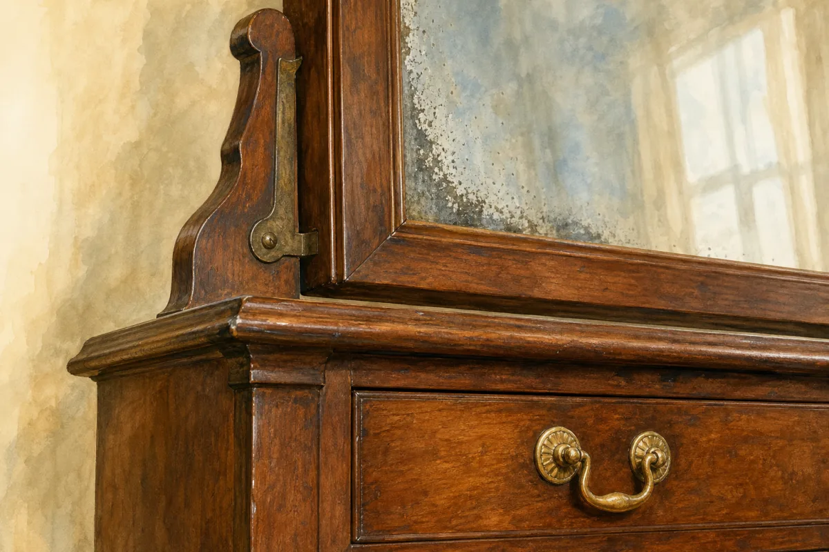 Close illustration of a chifferobe mirror frame, mounting bracket, drawer edge, and metal pull.