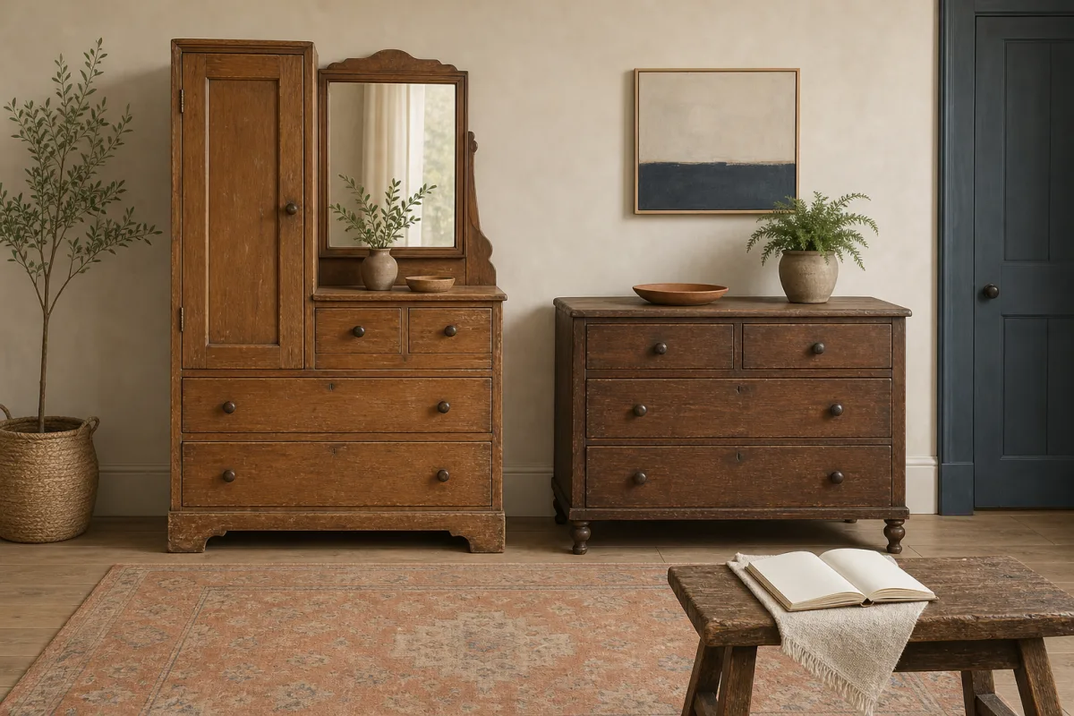 Illustration comparing a chifferobe with a tall storage door and mirror beside a lower drawer-only dresser.