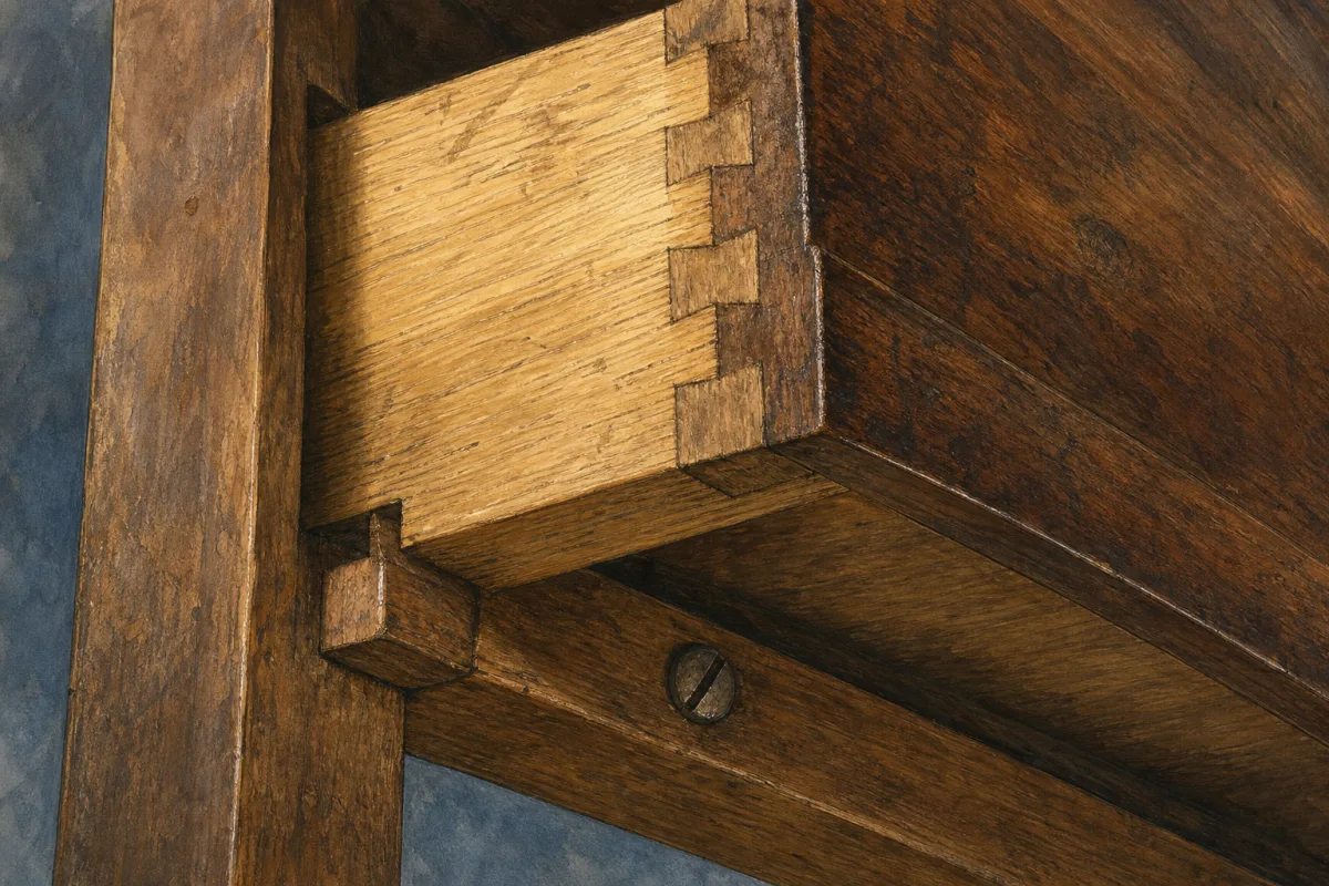 Furniture construction details Close-up illustration of a wooden drawer corner with a dovetail joint and adjacent cabinet joinery.