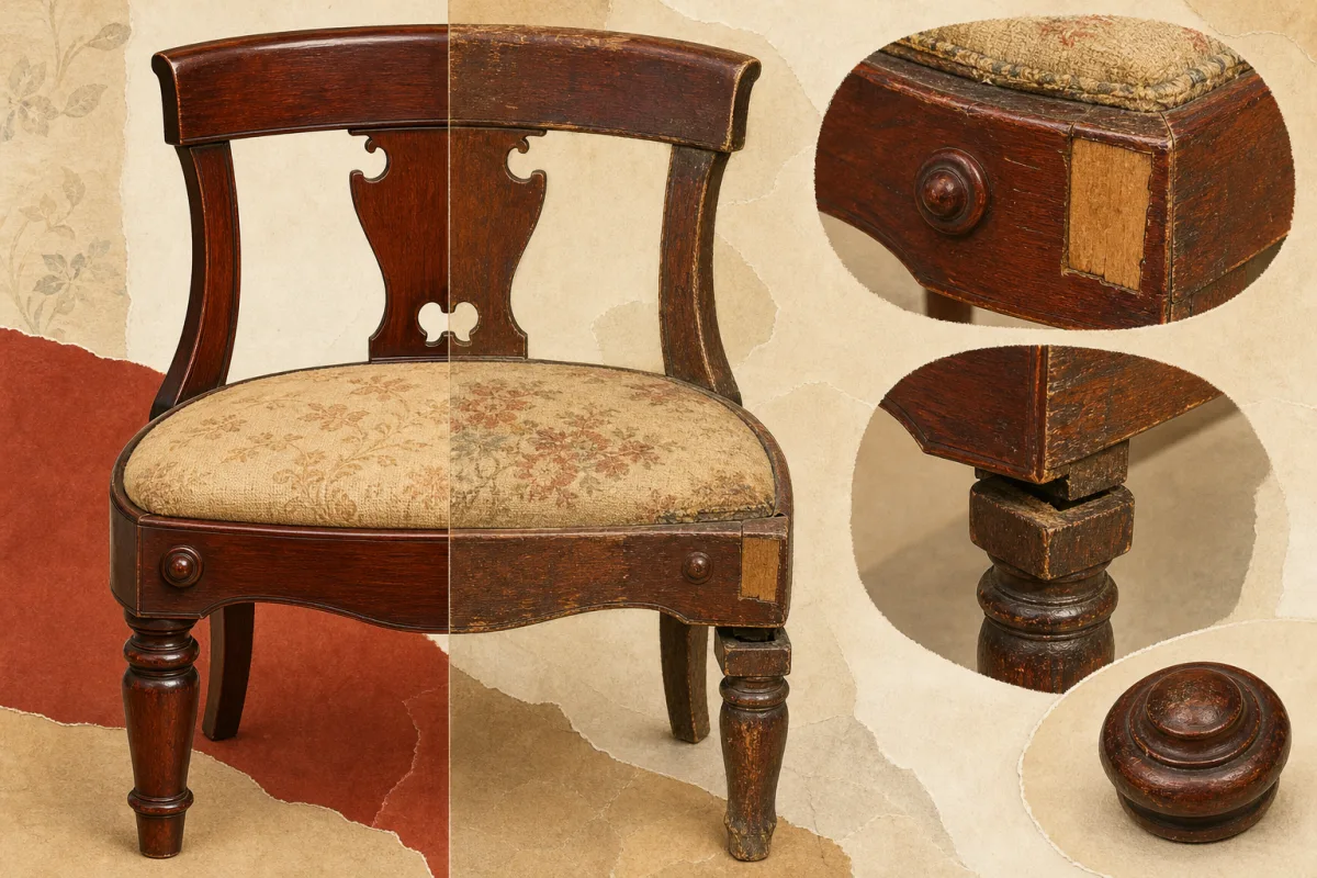 Assessing furniture condition Illustration comparing gentle wear on a wooden chair with visible repair and veneer-patch details.
