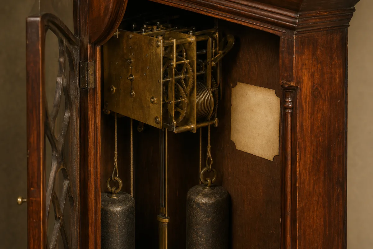 Clock Movement and Maker Mark Check Close illustration of a longcase clock's brass movement, hanging weights, and pendulum rod inside a wooden case.