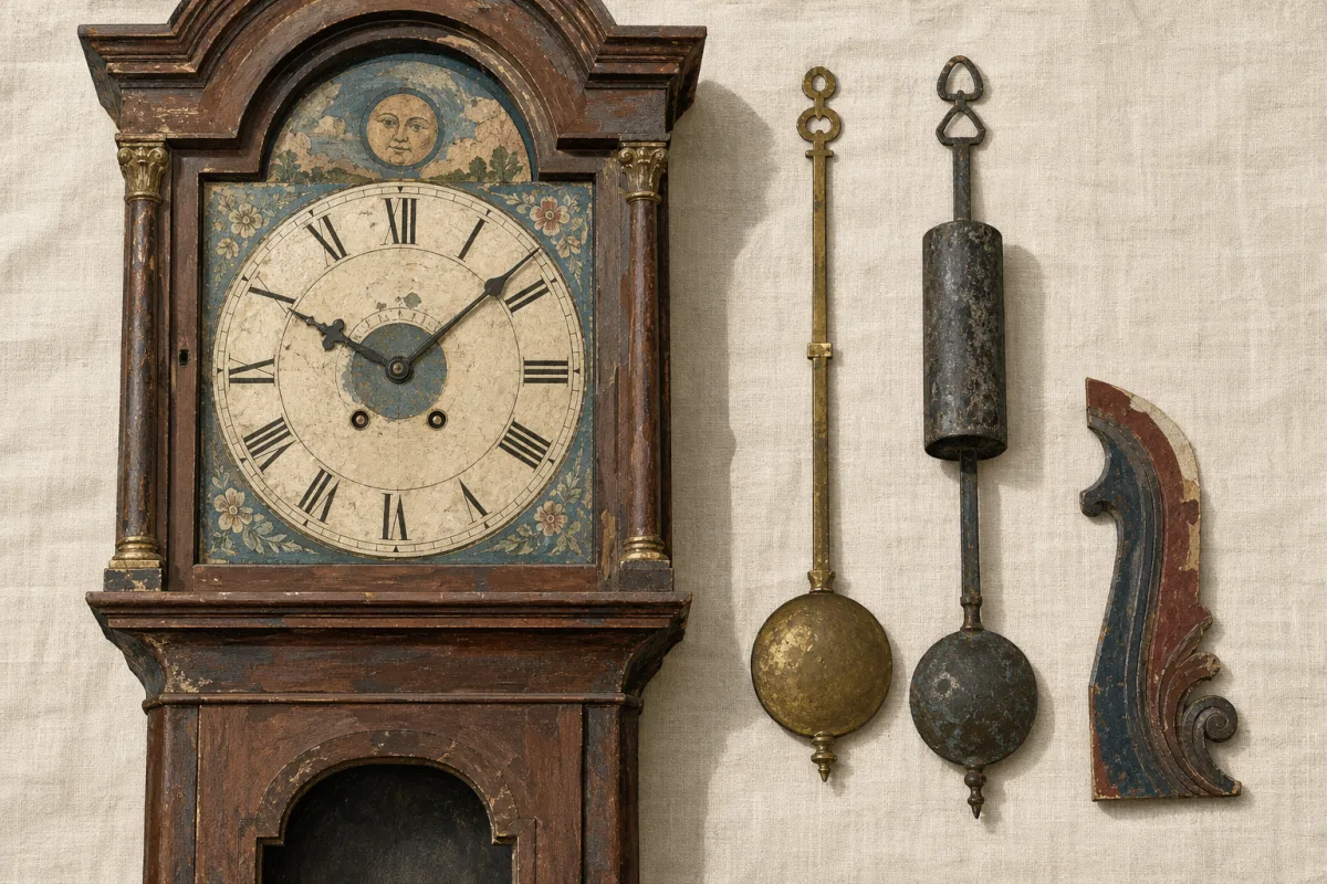 Checking Clock Completeness and Condition Illustration of clock components including a dial section, pendulum shapes, weights, and a small wooden trim fragment on a linen surface.