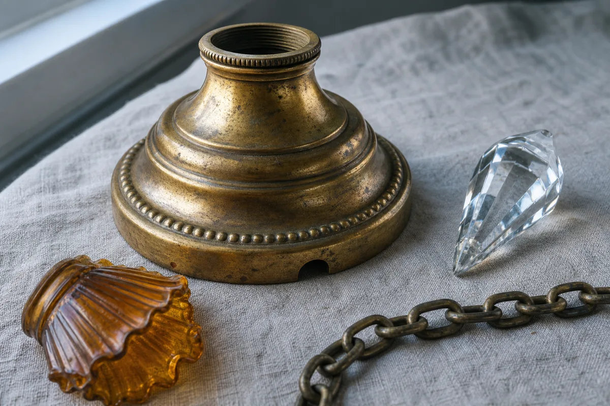 Illustration of a brass lamp base with a glass prism, amber glass piece, and metal chain on a pale surface.