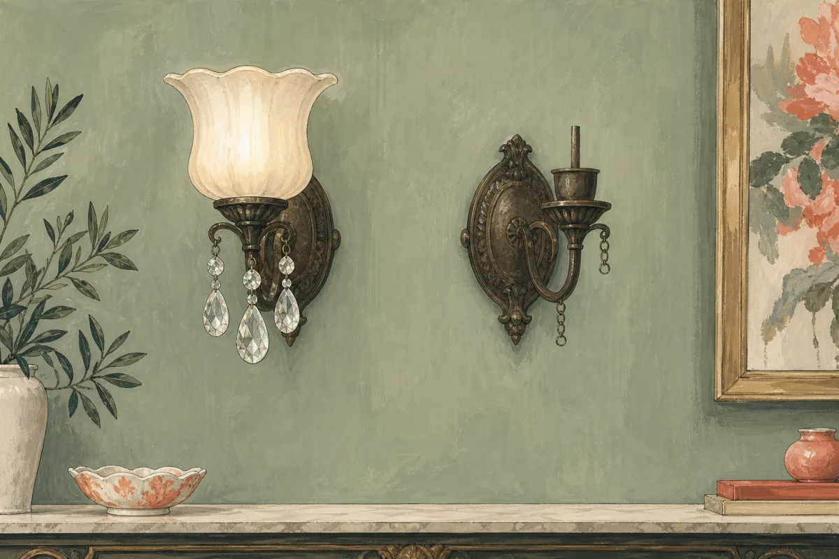 Illustration of two bronze wall sconces, one complete with a glass shade and crystal drops and one missing decorative parts.