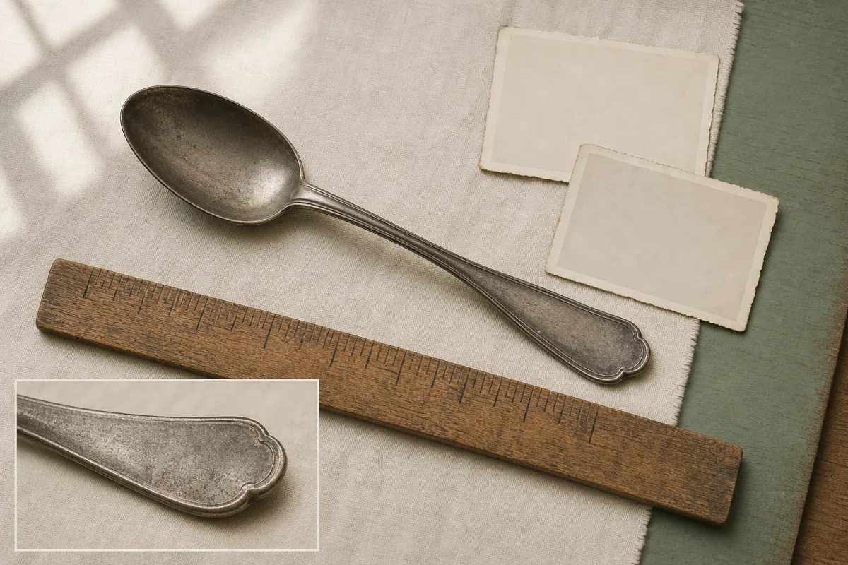 Overhead illustration of an old spoon beside a ruler and blank photo cards on a cream cloth.