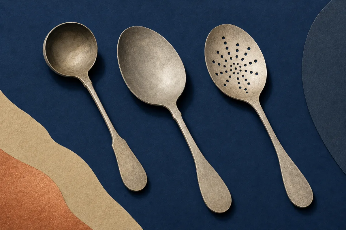 Illustration of three old spoon forms with a small deep bowl, a broad serving bowl, and a pierced bowl.