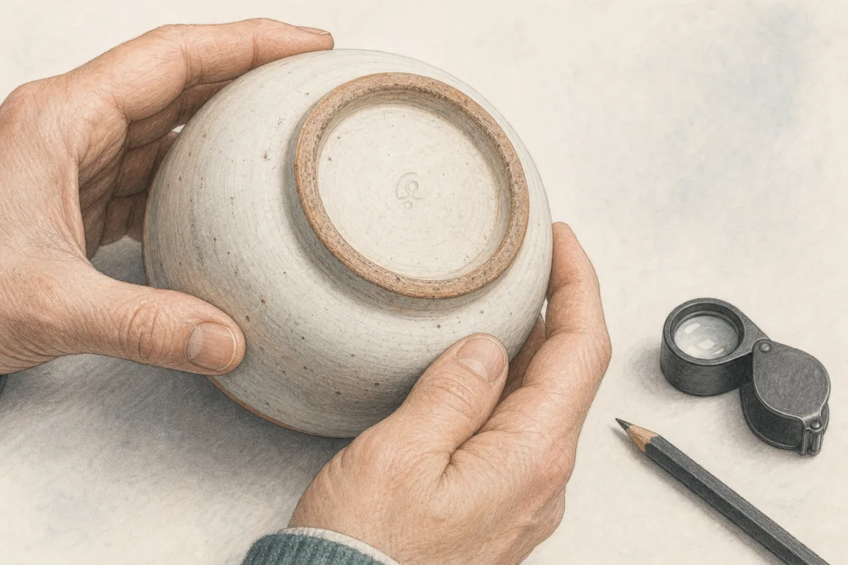 Illustration of hands examining the base of a ceramic bowl with a small generic impressed mark.