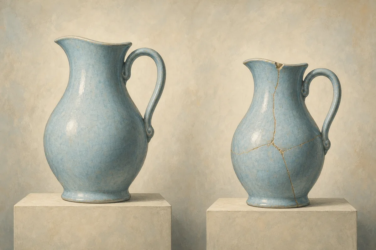 Illustration comparing an intact pale-blue ceramic pitcher with a similar pitcher showing a repaired crack and chipped rim.