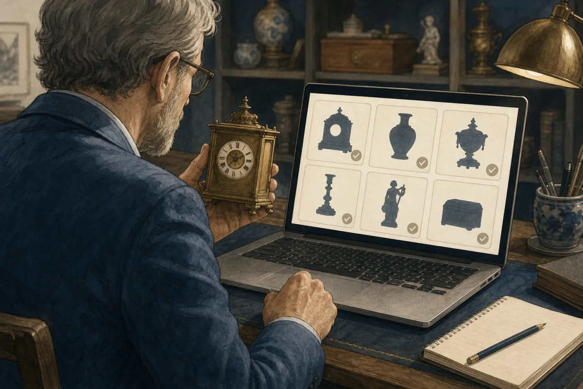 Comparing sold antique listings Illustration of a dealer comparing a brass mantel clock with generic completed-sale images on a laptop.