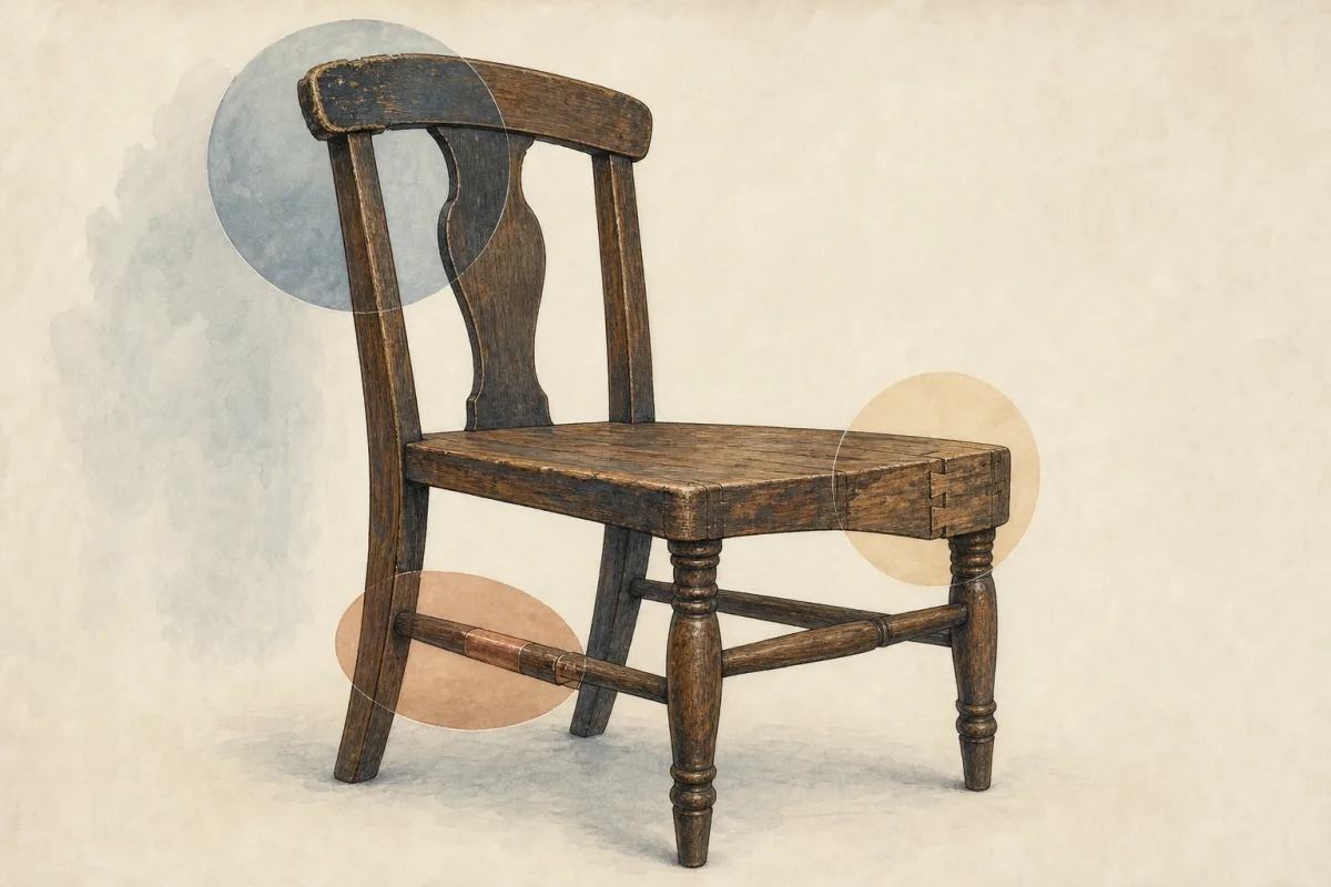 Illustration of a vintage wooden chair with its surface, joints, and a small repair area visually emphasized.