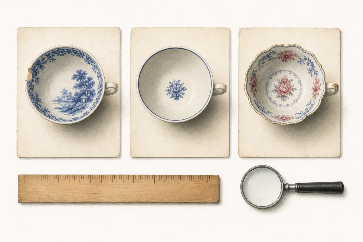 Illustration of three different ceramic teacups arranged for a side-by-side comparison.