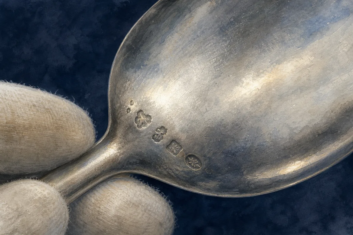 Inspecting marks on antique silver Close illustrated view of worn stamped impressions on the back of a silver serving spoon.