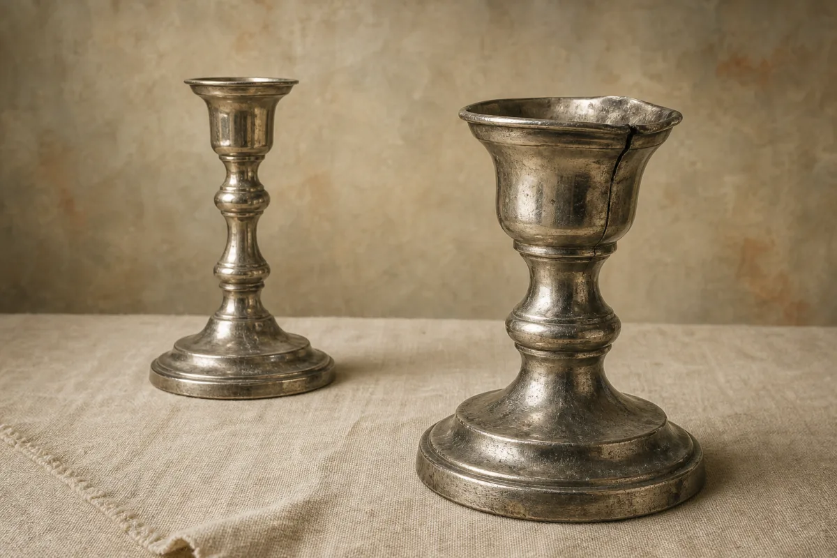 Condition details on silver Illustrated pair of silver candlesticks, one with a dented rim and darkened seam detail.