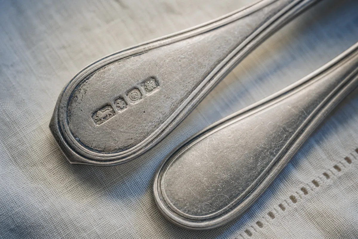 Inspecting silverware marks Close view of the backs of two old spoon handles with small impressed marks and worn metal edges.