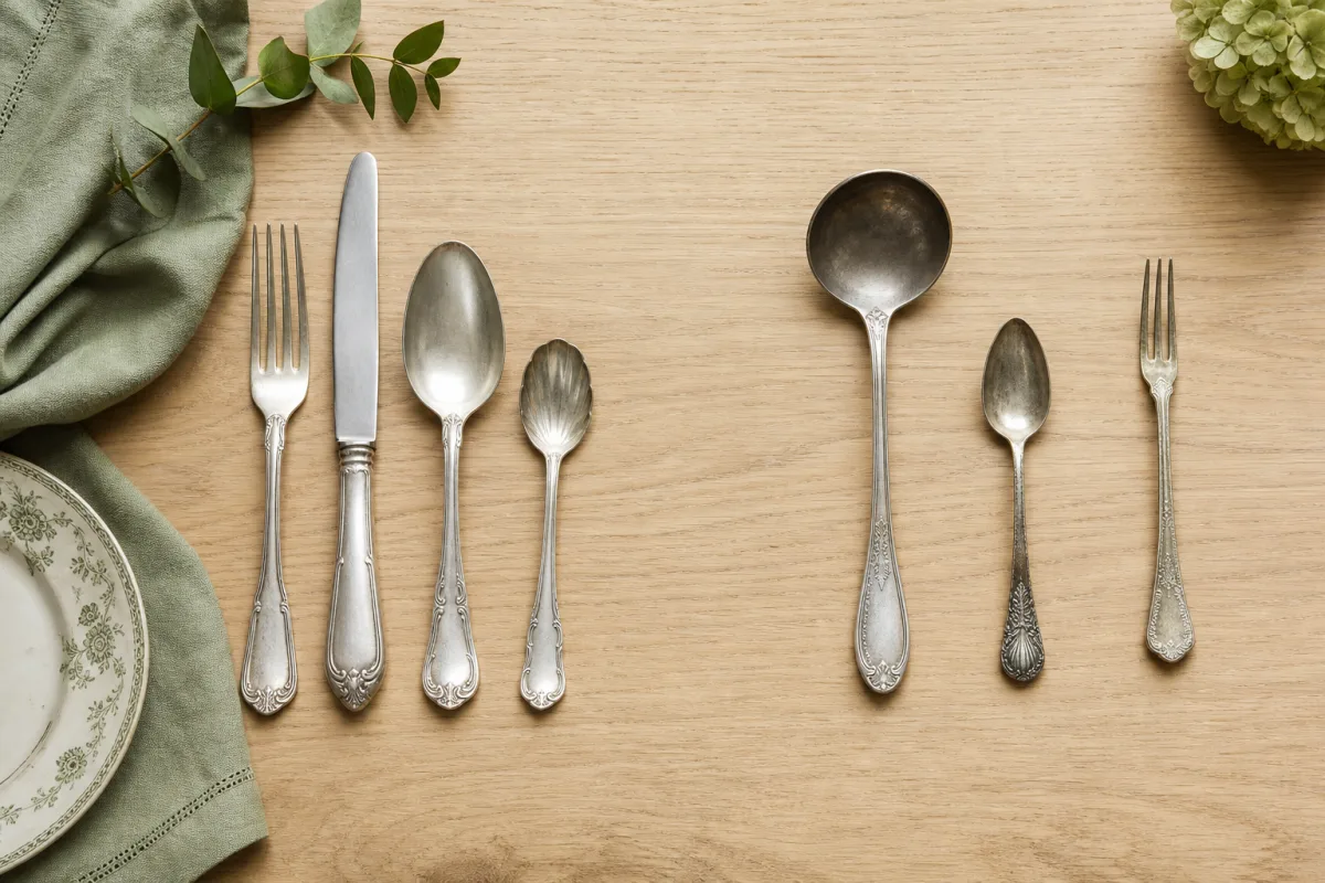 Matched set and single pieces A matching group of antique flatware on one side of a wooden table and several mismatched pieces on the other.