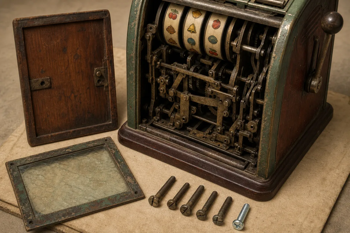 Checking slot machine originality Illustration of an open antique-style slot machine cabinet showing aged gears, a glass panel, and hardware on a workbench.